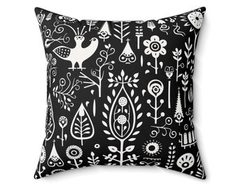 SCANDINAVIAN BLACK PILLOW, Scandinavian Cushion, Boho Cushion, Folk Art Cushion, Folk Art Pillow