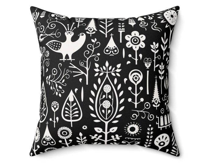SCANDINAVIAN BLACK PILLOW, Scandinavian Cushion, Boho Cushion, Folk Art Cushion, Folk Art Pillow