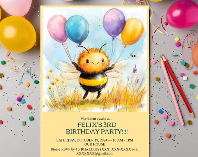Cute Bee Party Invite Unisex Evite Unisex Invite Editable Invite DIY Evite Boys Birthday Invite Downloadable Invite