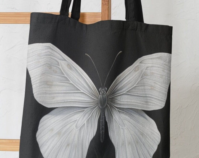 WHITE MOTH TOTEBAG, White Moth Butterfly bag, White Moth Boho Chic Bag, White Moth Purse, Moth Library Bag, Moth Recycle Bag