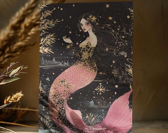 Postal navideña de sirena (4 x 6), tarjeta de cumpleaños de sirena, tarjeta de Navidad de sirena, postal de sirena, postal encantada, regalo de fantasía