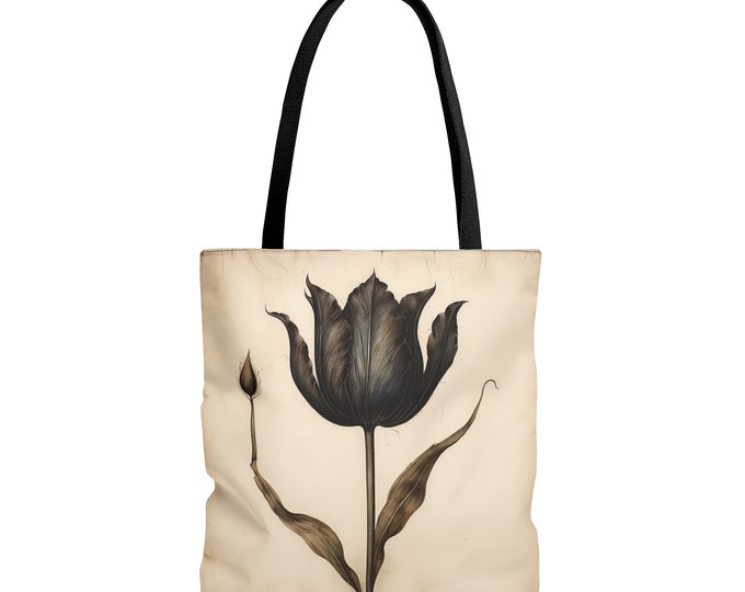 BLACK FLOWER TOTE bag, Cottagecore Tote Bag, Fairycore Tote bag, Cottagecore Market Bag, Flower Purse,