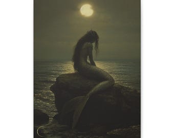 Gothic MERMAID & the MOON Wall Art (12 x 16), Mermaidcore Art, Fantasy Art Print, Mermaid Canvas, Mermaid Painting, Mermaid Lover Gift