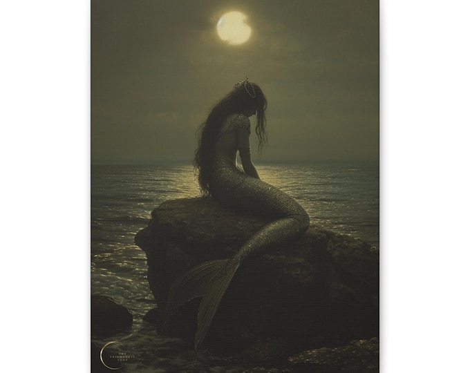 Gothic MERMAID & the MOON Wall Art (12 x 16), Mermaidcore Art, Fantasy Art Print, Mermaid Canvas, Mermaid Painting, Mermaid Lover Gift