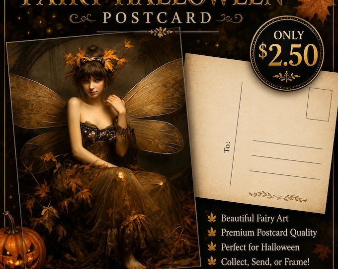 Fairy Halloween Postcard (4 x 6) Autumn Fairy Art Postcard | Halloween Fantasy Mail | Cottagecore Fairy Decor | Collectible Fantasy Postcard
