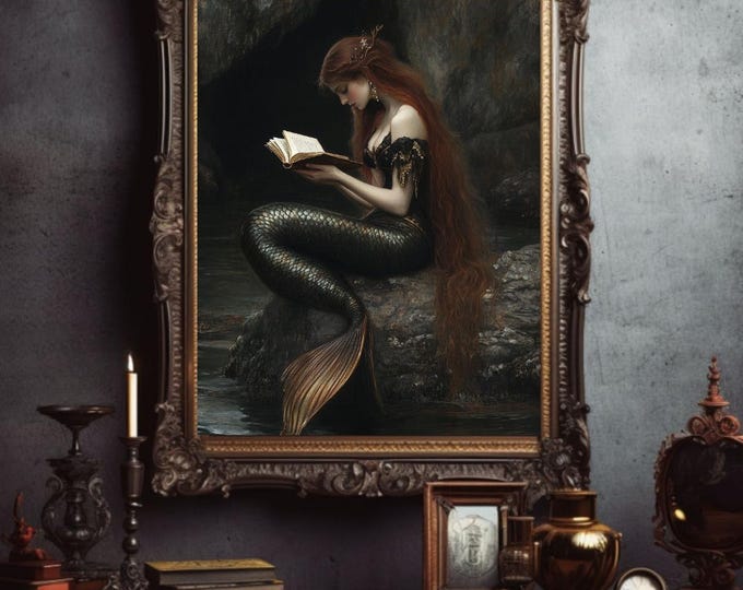 Mermaid Reading Art Print (20 x 24), Mermaid Wall Decor, Fantasy Art, Whimsical Art, Gift for Book Lovers, Gift for Her, Mermaidcore Art