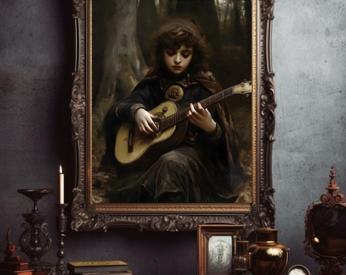 Medieval Guitarist Wall Art, Renaissance Art, Gothic Painting, Gothic Print, Goblincore Painting, Goblincore Print, Fairycore Romance Gift