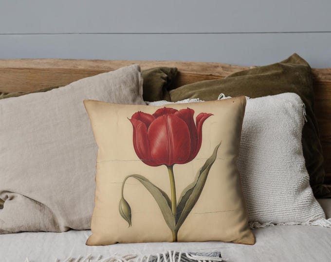 RED FLOWER PILLOW, Boho Pillow, Cottagecore Pillow, Boho Cushion, Red Room Accent