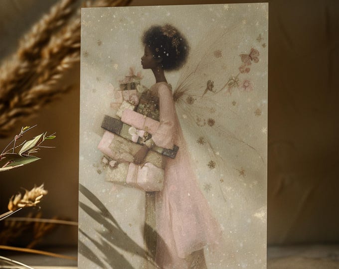 5 PACK -- African American Fairy Christmas Card | Black Fairy Holiday Greeting | Ethnic Christmas | Black Nativity Fantasy Christmas Card