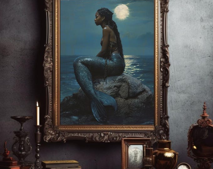 Melanin Mermaid | Black Girl Magic | Mermaid Art | Black Mermaid | African Mermaid | Goblincore Mermaid Gothic Art | Medieval Mermaid Gift