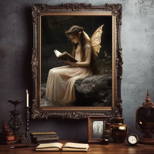Fee lesen Wandbild (20 x 24) Gothic Fantasy Dekor, Märchen Print, verzaubertes Kunstwerk, Fairycore Kunst, Kinderzimmer Bild, Geschenk für Sie