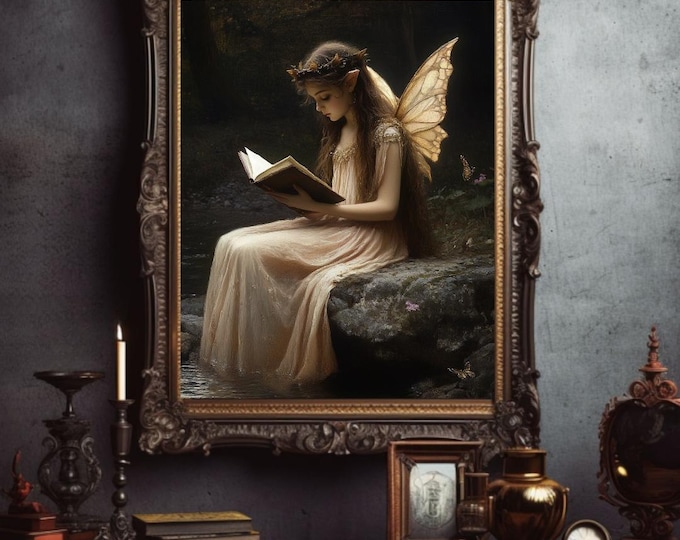 Fairy Reading Wall Art (20 x 24) Gothic Fantasy Decor, Magical Fairy Tale Print, Enchanted Artwork, Fairycore Art, Nursery Art, Gift for Her