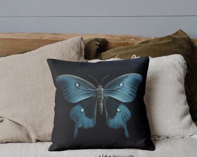 BLUE MOTH PILLOW - Boho Decor, Boho Pillow, Butterfly Pillow, Fairycore Decor, Cottagecore Decor, Fairycore Pillow, Cottagecore Accent