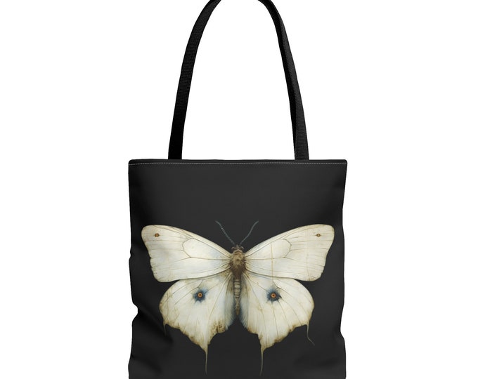 WHITE MOTH TOTE bag, Moth Market Bag, Moth Reusable Bag, Cottagecore Tote Bag, Gothic Tote Bag, Gothic Market Bag, Dark Academia Tote Witchy