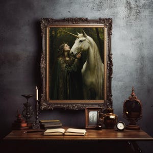 Medieval Knight Art, Medieval Print, Huntress and the Unicorn, Fantasy Home Decor, Mythical Creature Print, Fairy Tale Decor Magical Artwork