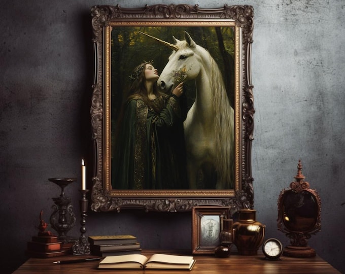 Medieval Knight Art, Medieval Print, Huntress and the Unicorn, Fantasy Home Decor, Mythical Creature Print, Fairy Tale Decor Magical Artwork