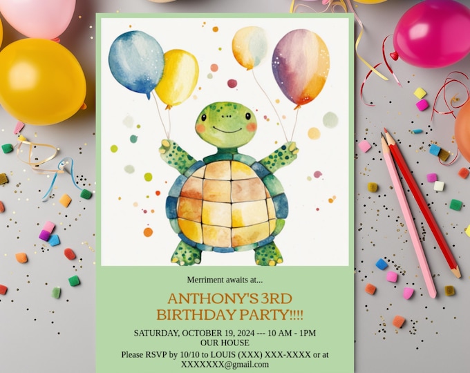 Groovy TURTLE BIRTHDAY Invite, DIY Invite, Unisex Invite, Boys Downloadable Birthday Invite, Templett Evite, Birthday Party Invitation 5 x 7