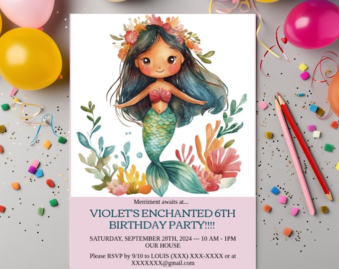 Mermaid Birthday Party Invite Latina Mermaid Birthday Template Customizable Download Girls Mermaid Invite Latina Evite DIY Girls Invite