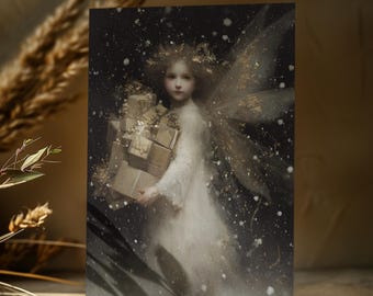 May include: A vintage-style print featuring a young fairy with golden wings and a crown, holding a stack of wrapped gifts. The fairy is dressed in a white gown, set against a dark, snowy background with gold accents.