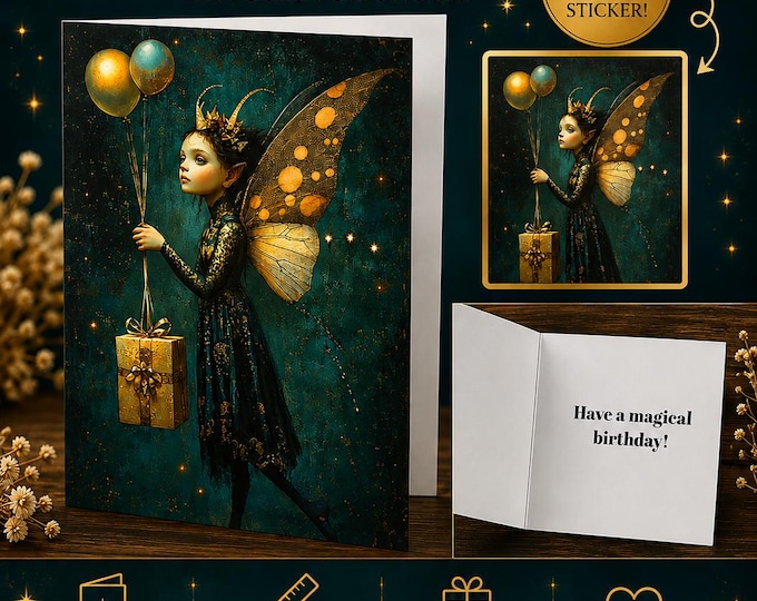 Whimsical Fairy Birthday Card with Gold Foil Sticker | Magical Fantasy Birthday Card | Fairy Gift Card | Enchanted Birthday Greeting