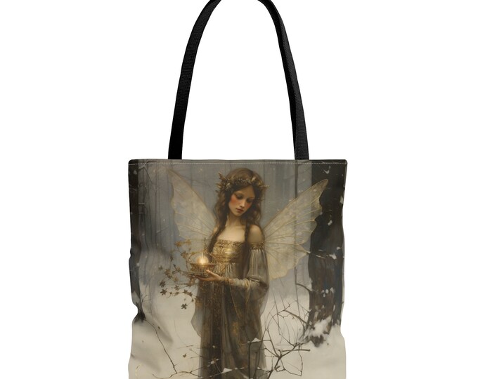 WINTER FAIRY TOTE (18 x 18), Christmas Tote, Fantasy Reusable Bag, Fairytale Bag, Gift for Her, Whimsical Bag, Holiday Tote, Library Bag