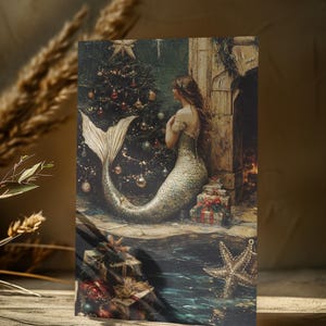 Postal navideña de sirena vintage (10 x 15 cm), tarjeta navideña de Mermaidcore, postal navideña caprichosa, tarjeta navideña de sirena, regalo navideño mágico