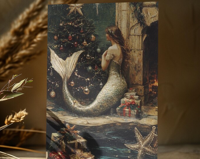 VINTAGE CHRISTMAS MERMAID Postcard (4 x 6), Mermaidcore Christmas Card, Whimsical Holiday Postcard, Mermaid Christmas Card Magical Xmas Gift