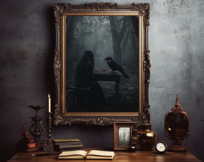 Gothic Wall Art, Raven and the Witch, Halloween Decor, Gothic Home Decoration, Spooky Raven Poster, Witchy Art Print, Goblincore Print