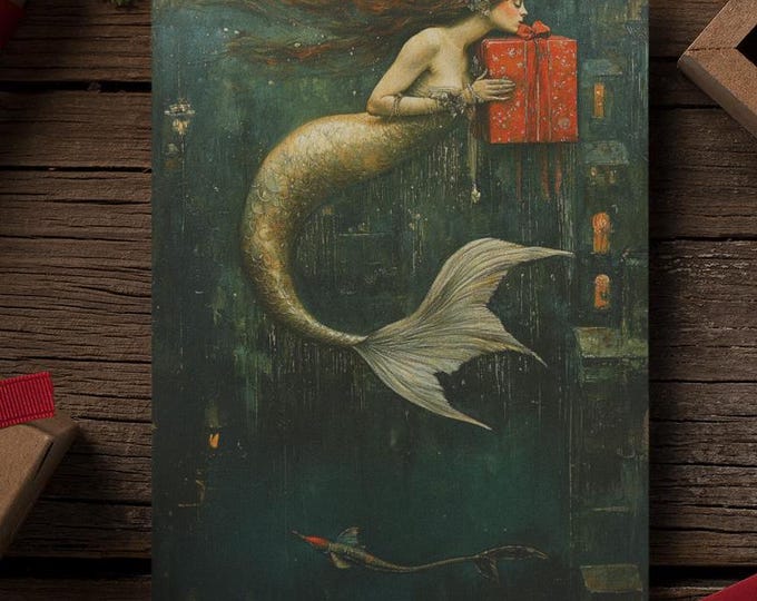 MERMAID HOLIDAY POSTCARD, Mermaid Christmas Postcard, Fantasy Postcard, Magical Christmas Postcard, Whimsical Christmas Card, Gift for Her