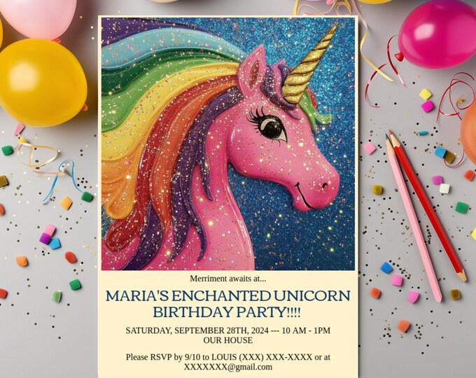 Customizable UNICORN BIRTHDAY Invite DIY Unicorn Party Invitation Girls Customizable Party Invite Unicorn Birthday Girls Unicorn Party Card
