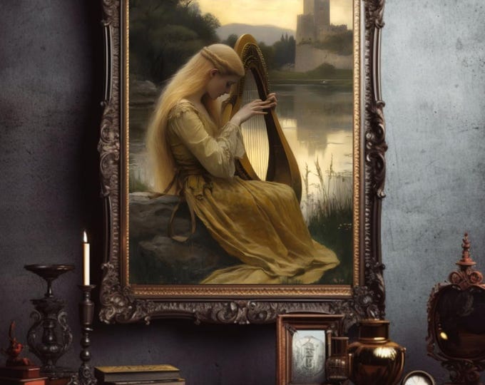 Princess Harpist Art, Goblincore Art, Gothic Home Decor, Medieval Art, Renaissance Art, Romantic Art, Whimsical Magical Fairycore Gift