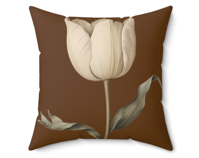 CREAM TULIP on BROWN Pillow, Tulip Pillow, Tulip Cushion, Modern Farmhouse Pillow, Modern Farmhouse Room Decor, Boho Pillow