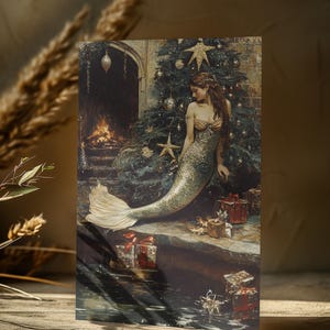 Postal navideña de sirena vintage (10 x 15 cm), tarjeta navideña de Mermaidcore, postal navideña caprichosa, tarjeta navideña de sirena, regalo navideño mágico