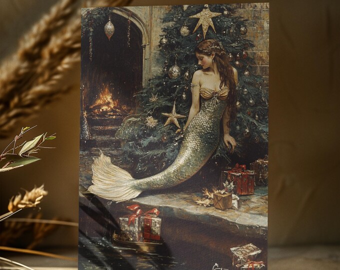 VINTAGE CHRISTMAS MERMAID Postcard (4 x 6), Mermaidcore Christmas Card, Whimsical Holiday Postcard, Mermaid Christmas Card Magical Xmas Gift