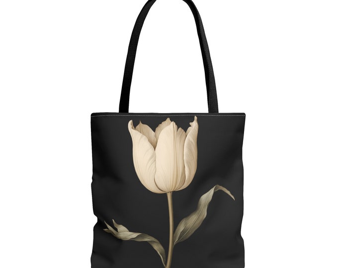 WHITE TULIP TOTE (18 x 18), Tulip Market Bag, Tulip Reusable Bag, Cottagecore Bag, Fairycore Bag, Gothic Library bag, Botanical Gift for Her