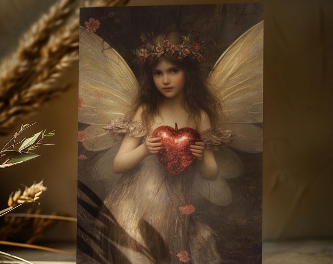 FAIRY VALENTINE CARD, Fairy Valentine Postcard, Cupid Valentine Postcard, Fantasy Valentine Card, Whimsical Valentine Card, Gift for Her