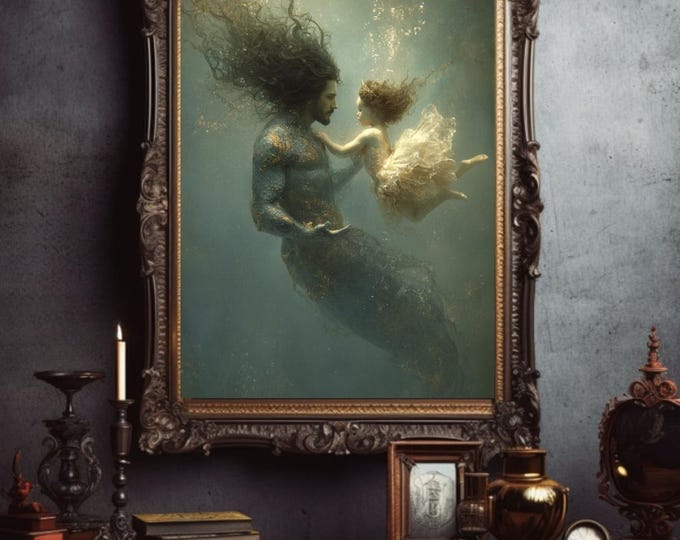 Gothic Mermaid King and his Daughter WALL ART (20 x 24), Mermaid Art, Enchanted Art, Fantasy Print, Fairytale Print Mermaidcore Gift For Her