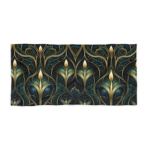May include: A dark blue and gold patterned beach towel with a repeating design of stylized flowers and leaves.