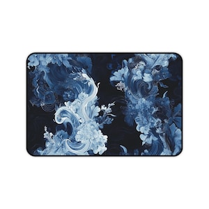 May include: A dark blue and white abstract floral design with swirling patterns. The design is reminiscent of waves and flowers.