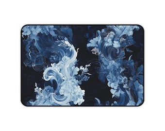 May include: A dark blue and white abstract floral design with swirling patterns. The design is reminiscent of waves and flowers.