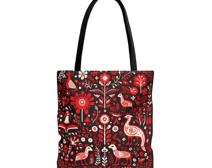 BLACK & Red SCANDINAVIAN TOTE bag, Scandinavian Purse, Scandinavian Market Bag, Scandinavian Reusable Bag, Boho Tote Bag