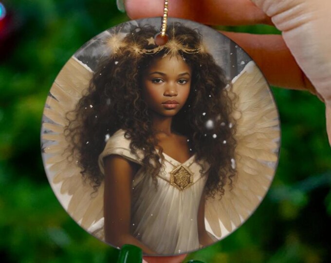 Black Christmas Angel Ornament #1 (3 x 3) -- Cermaic, Black Girl Magic, Black Angel, Black Santa, African American Interest Christmas