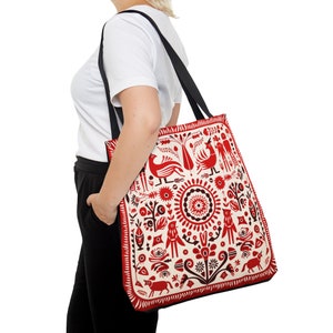RED SCANDINAVIAN TOTE Bag Red Folk Art Tote Bag Scandinavian Market Bag Scandinavian Reusable bag Folk Art Purse Folk Art Gift for Her