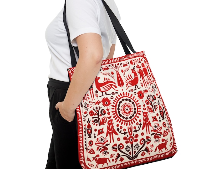 RED SCANDINAVIAN TOTE Bag Red Folk Art Tote Bag Scandinavian Market Bag Scandinavian Reusable bag Folk Art Purse Folk Art Gift for Her