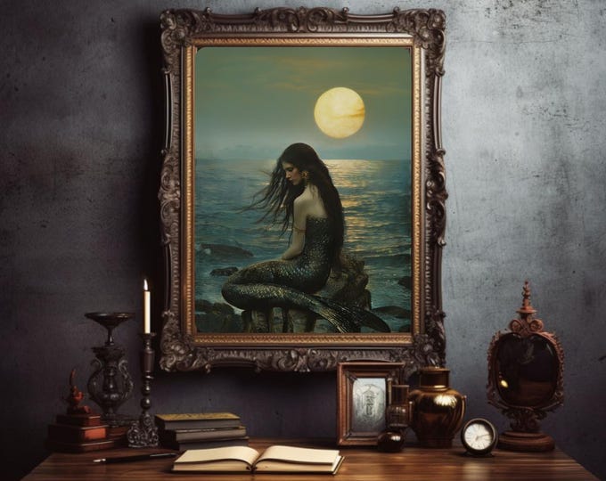 Mermaid Art Print, Gothic Mermaid, Goblincore Mermaid, Romantic Mermaid Wall Art, Fantasy Print, Fairytale Wall Art, Renaissance Fairycore