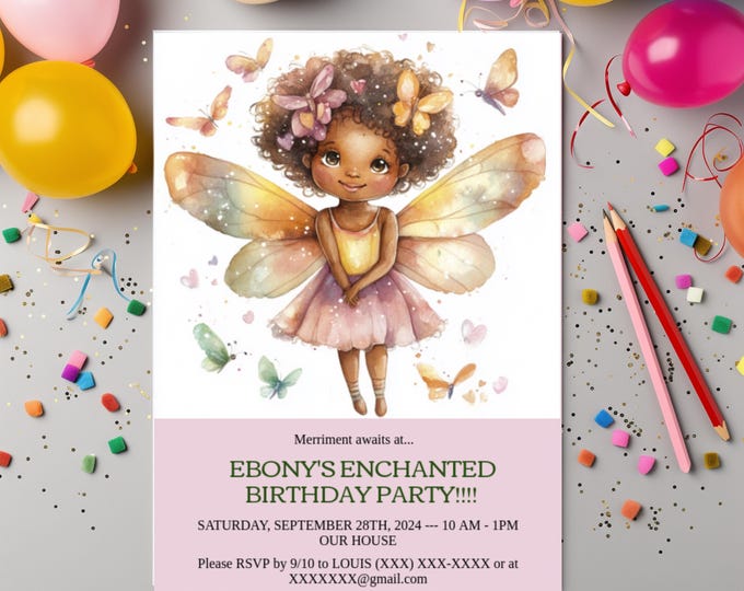 African American FAIRY PRINCESS DIY Digital Invite Black Fairy Birthday Invitation Melanin Magic Fairy Evite Templett Black Girl Magic Evite