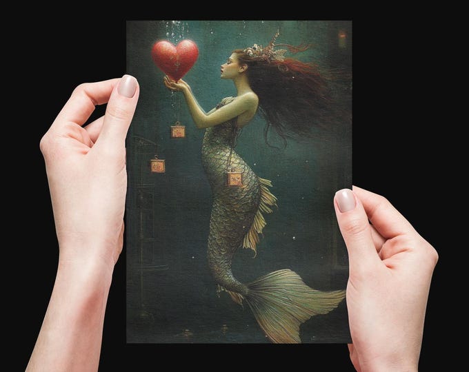 MERMAID VALENTINE CARD, Mermaid Postcard, Fantasy Valentine Card, Whimsical Valentine Card, Fairytale Valentine Card, Magical Valentine Gift