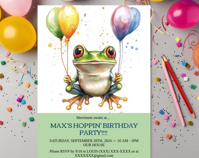 HOPPIN' FROG DIY Digital Invite! Customizable Boys Unisex Party Invitation 5x7 Card Templett Invite Templett Evite Birthday Party Invite