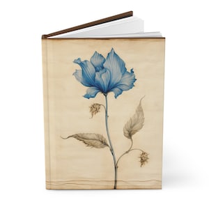 Könnte beinhalten: Eine blaue Blume mit braunen Blättern und Stielen auf einem beigefarbenen Hintergrund. Die Blume ist detailliert gezeichnet mit einem Vintage-Look.