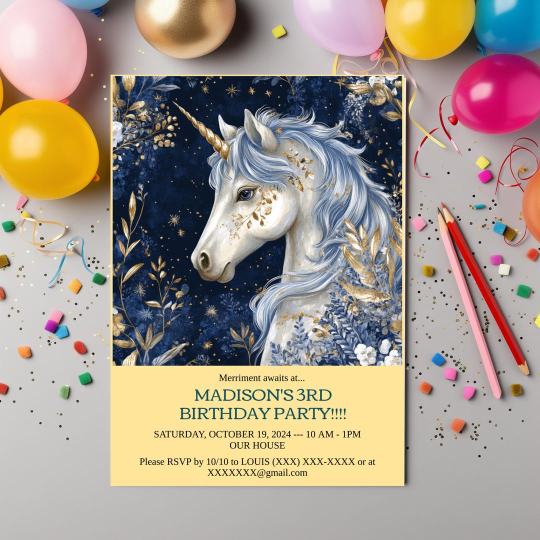 Customizable UNICORN BIRTHDAY Invite DIY Unicorn Party Invitation Girls ...